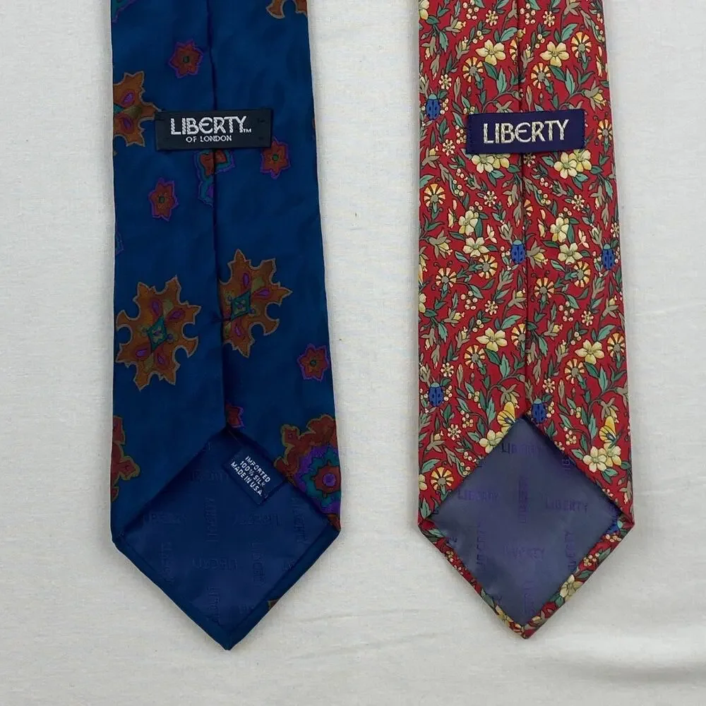 Lot of 2 LIBERTY OF LONDON 100% Silk Necktie Floral Geometric Print Blue Red VTG